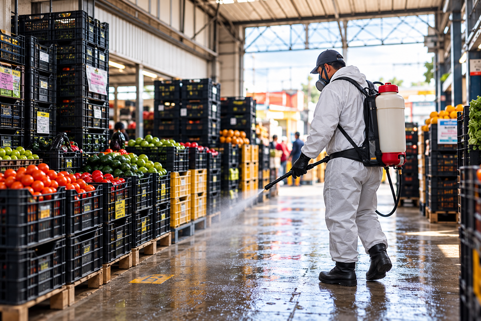 Imagen ilustrativa de labores de fumigación en un mercado de alimentos