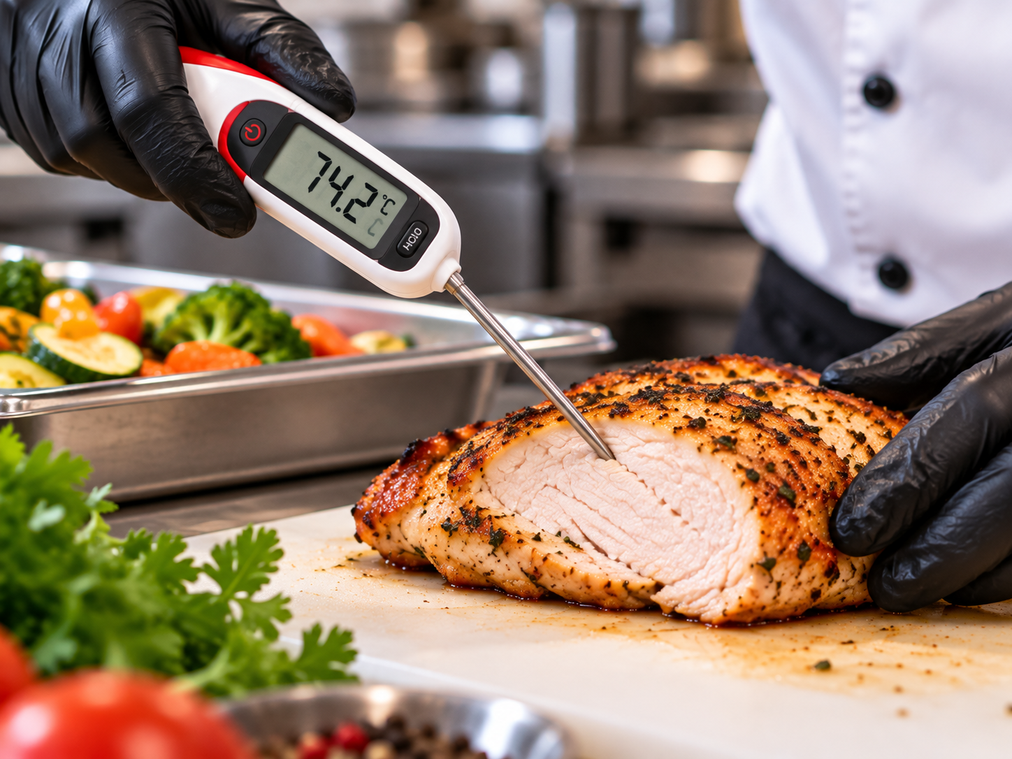 Medición de la temperatura interna de un pollo asado