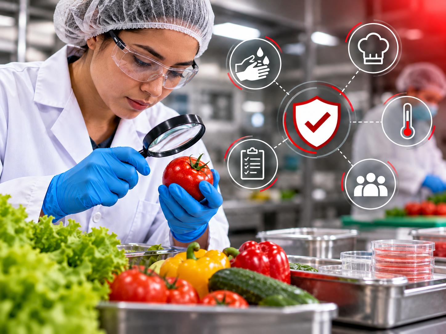 Especialista examinando alimentos y aplicando prácticas de inocuidad